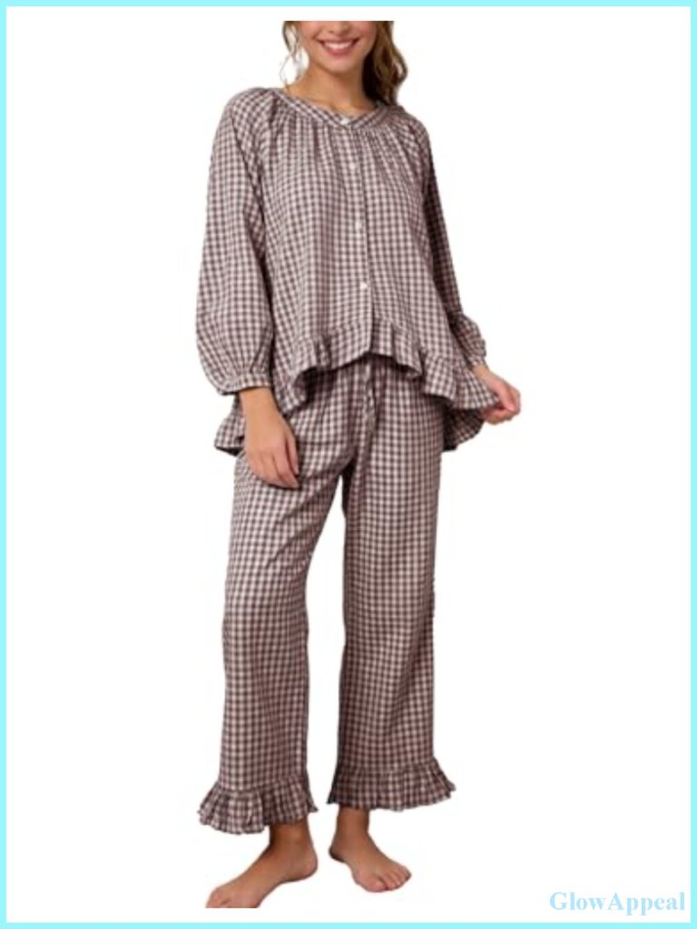Womens Cotton Plaid Gingham Pajama Set 2 Piece Puff Sleeve Ruffle Babydoll
